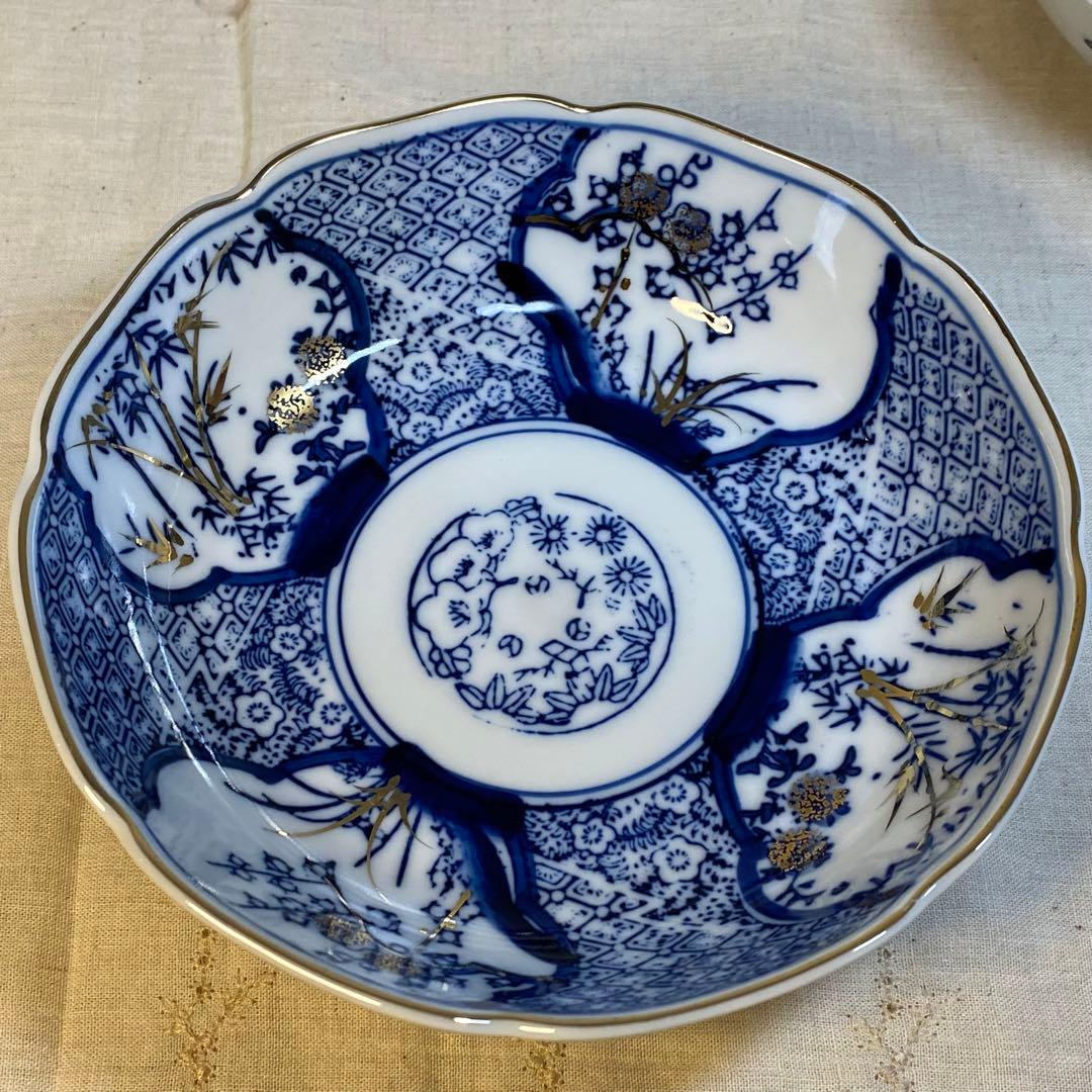 九谷焼　なます皿　染付　松竹梅文　金彩　3客