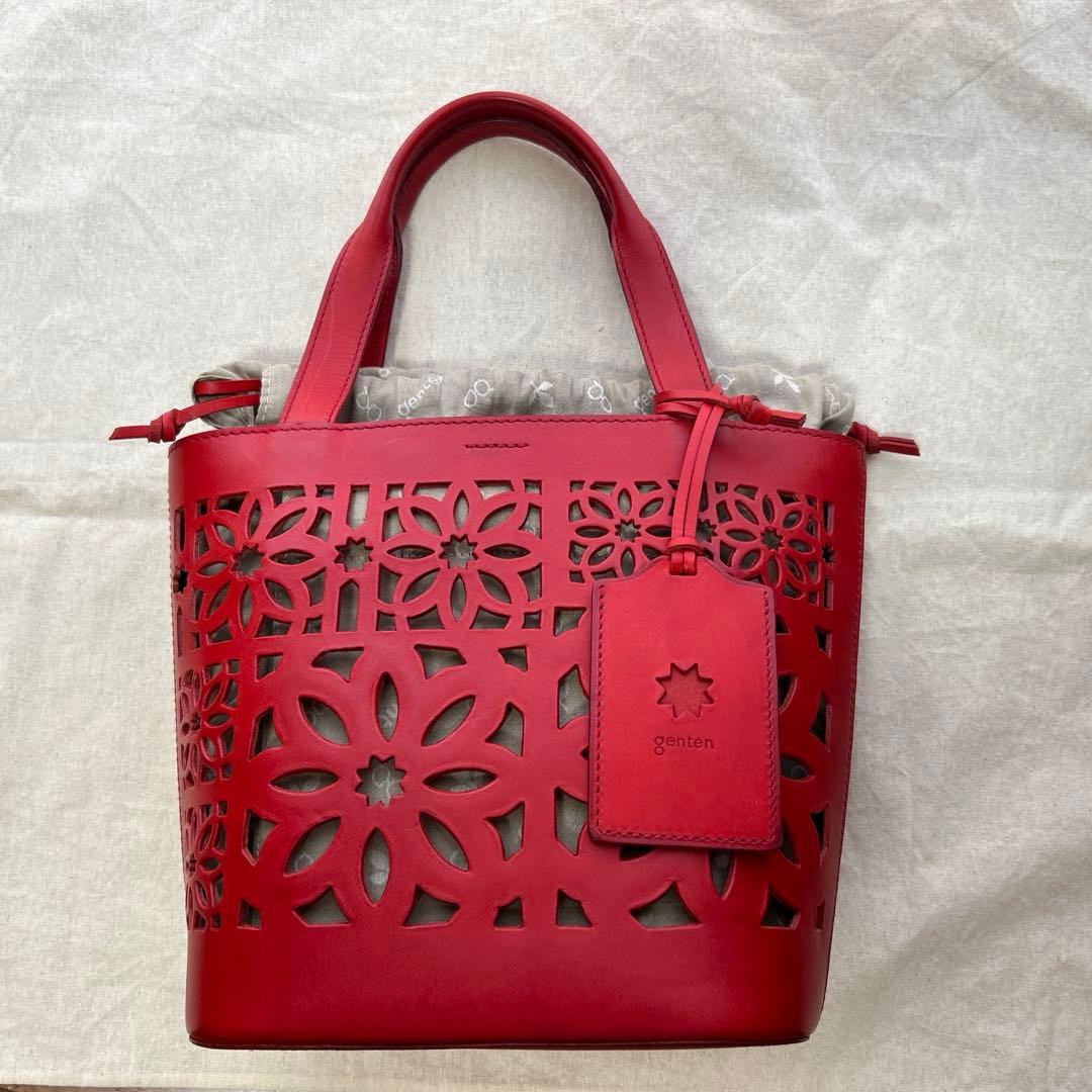 genten 赤レザー カットアウト トートバッグ