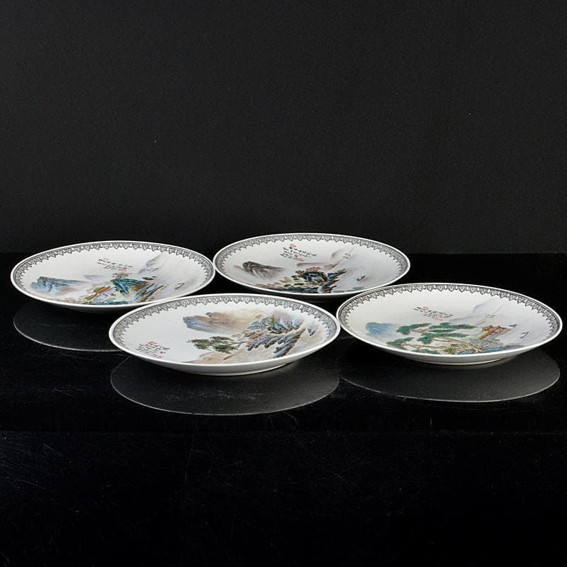 中国　1980年代中国景徳鎮製　漢詩山水文盤　飾皿　4枚　時代箱　BR5731B