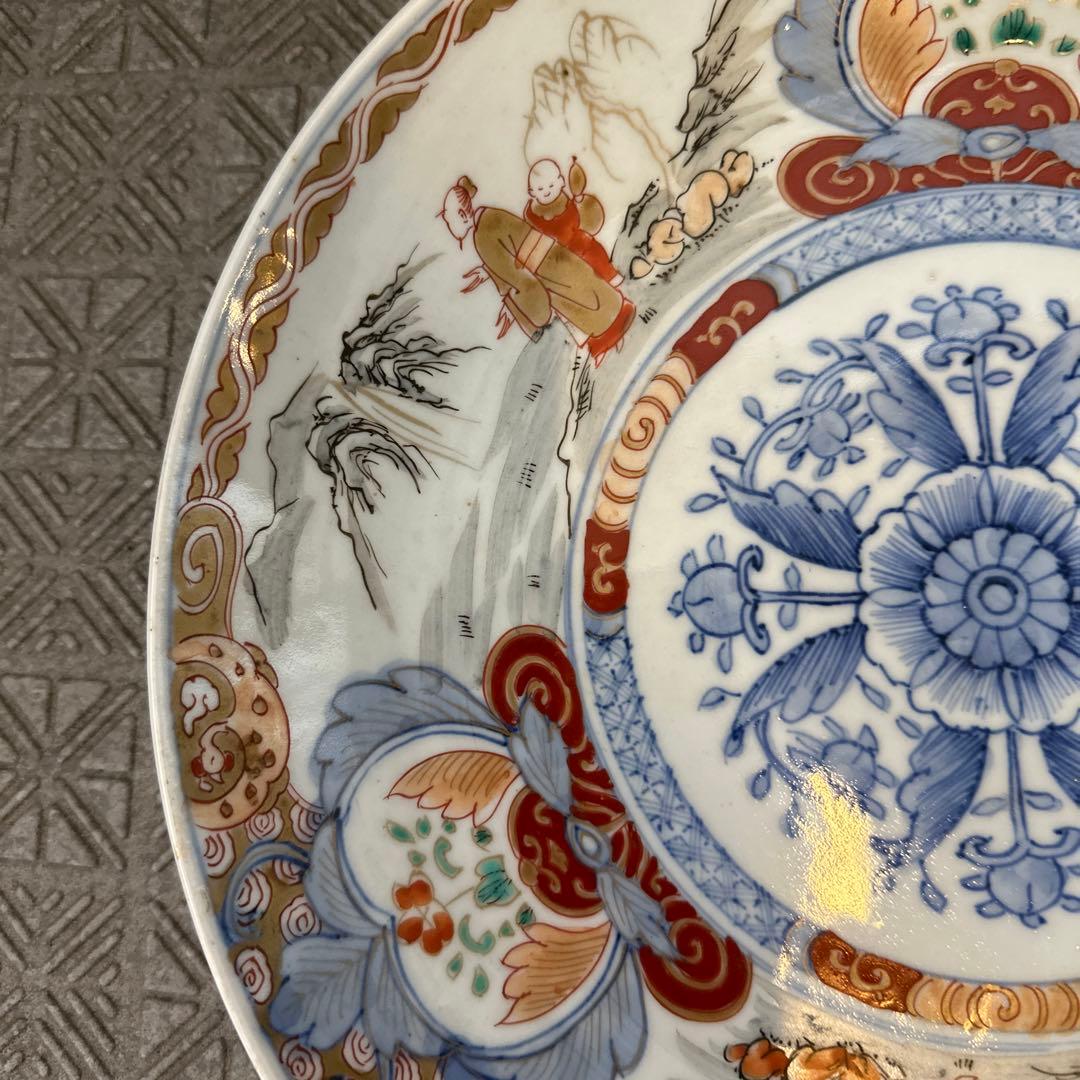 古伊万里、金彩染錦、双仙人、山河図。大皿。箱付き。