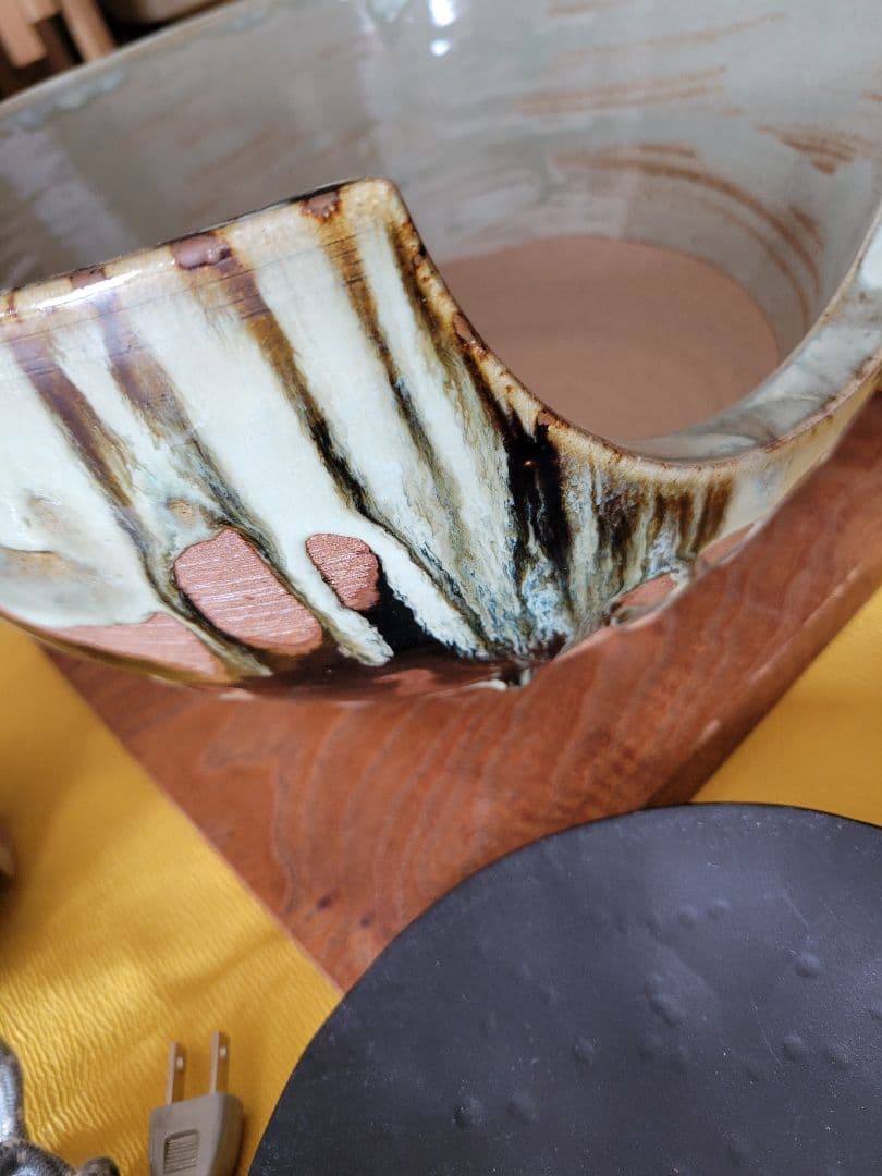 美品 陶器風炉☆電熱器、楡材敷板、特注品金属底板のセット