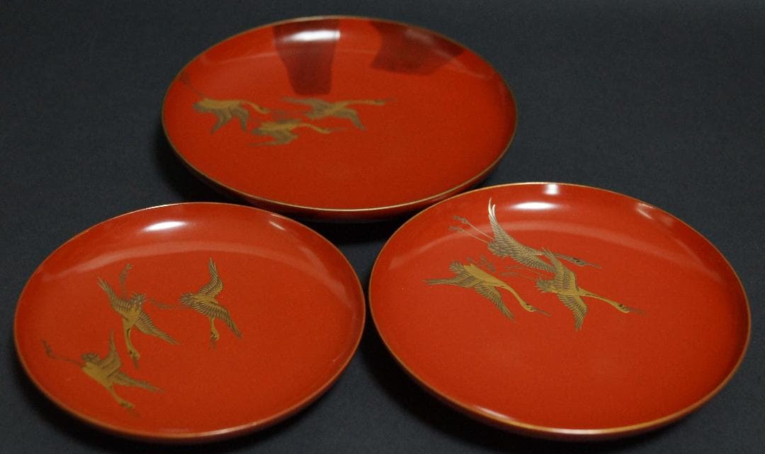 明治期 輪島塗 極上 金蒔絵『飛鶴』 盃台/三ツ組盃 揃 木製漆塗り 箱付時代物