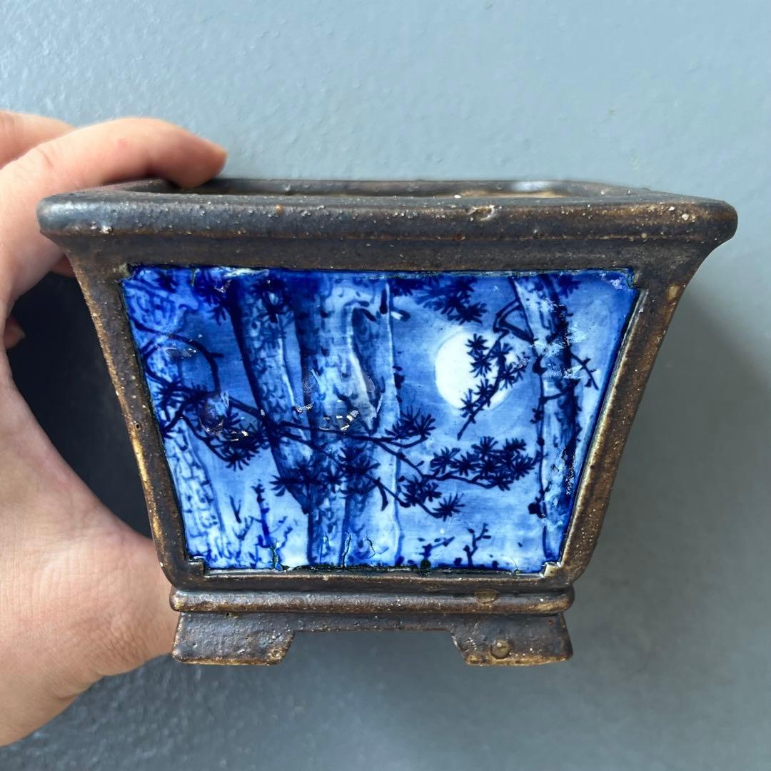 828.余悦余快 染付正方 現代小鉢作家展絵付の部金賞作家 盆栽鉢 植木鉢