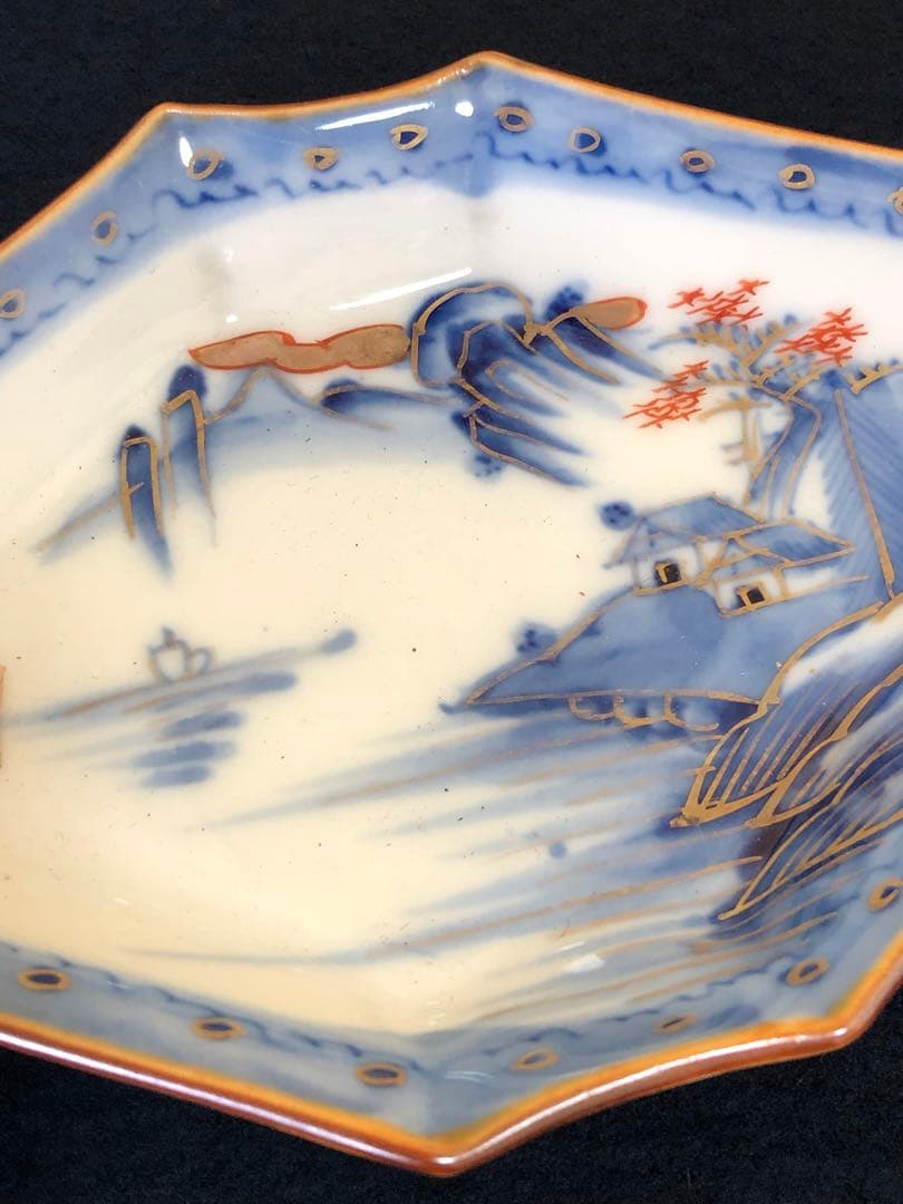 《R》伊万里 染付金彩 山水図 菱形皿9客 変形皿250714E2