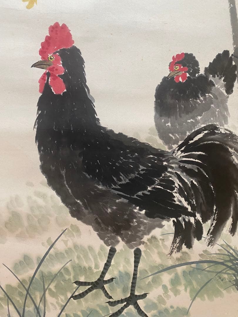 江寒汀 中国画骨董品鶏の図掛軸美術品紙本肉筆茶掛