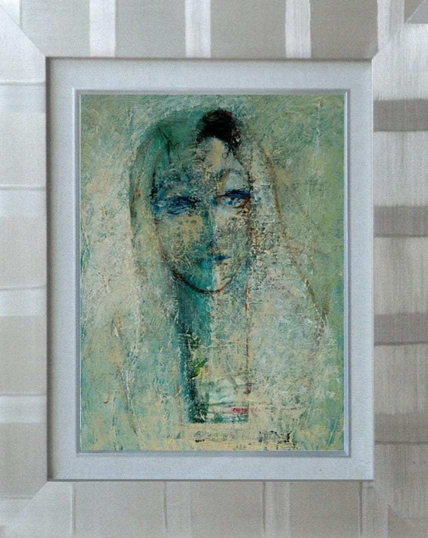 油絵 菅家令子 絵 絵画インテリア額付(青緑＋金色の枠)F4-070112