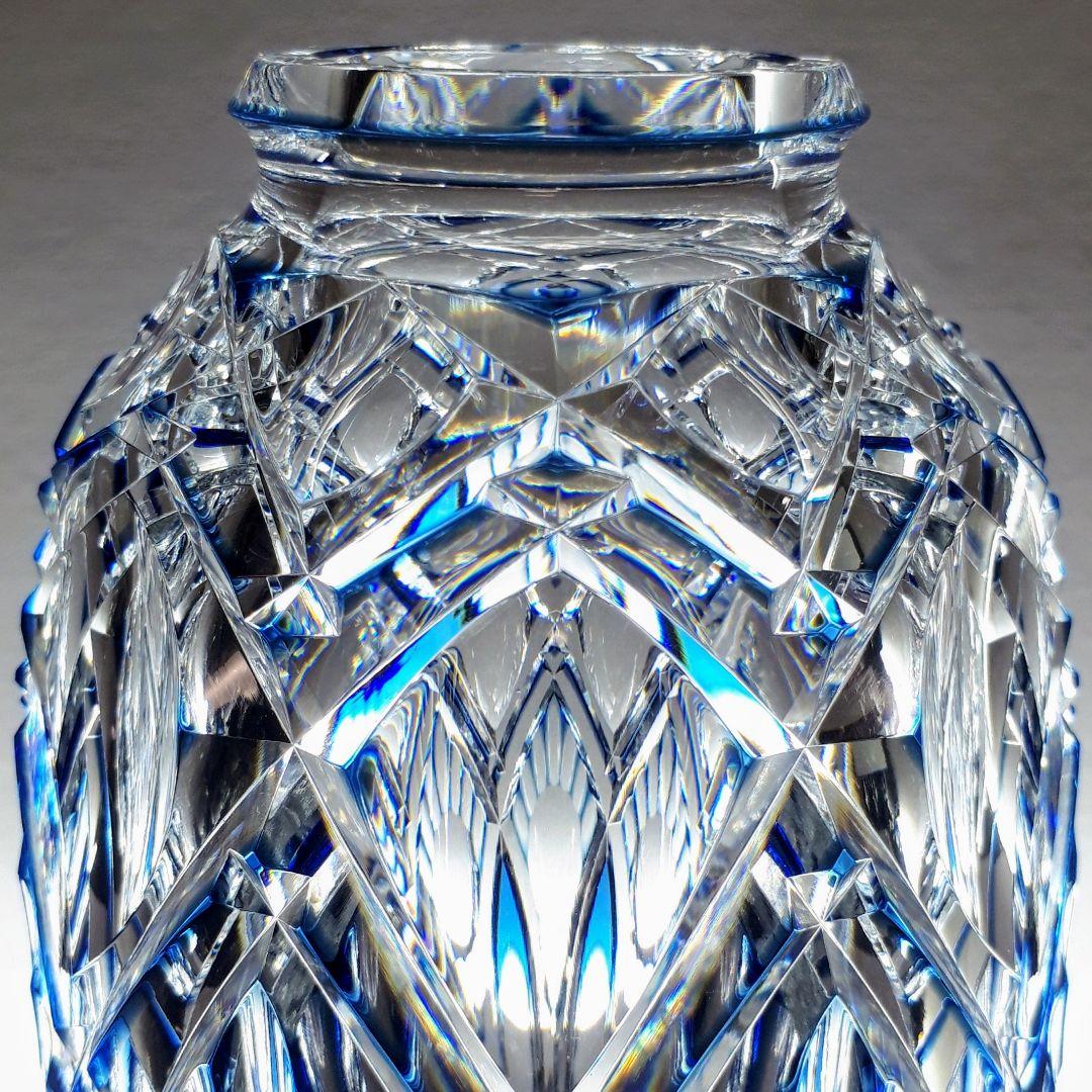 日本工芸会正会員 渡邊 明 作品 切子 藍色被せ 花瓶 【入手困難品】