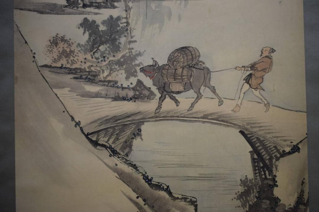 真作/景文/牛に人物宴図/農耕図/布袋屋掛軸HI-56