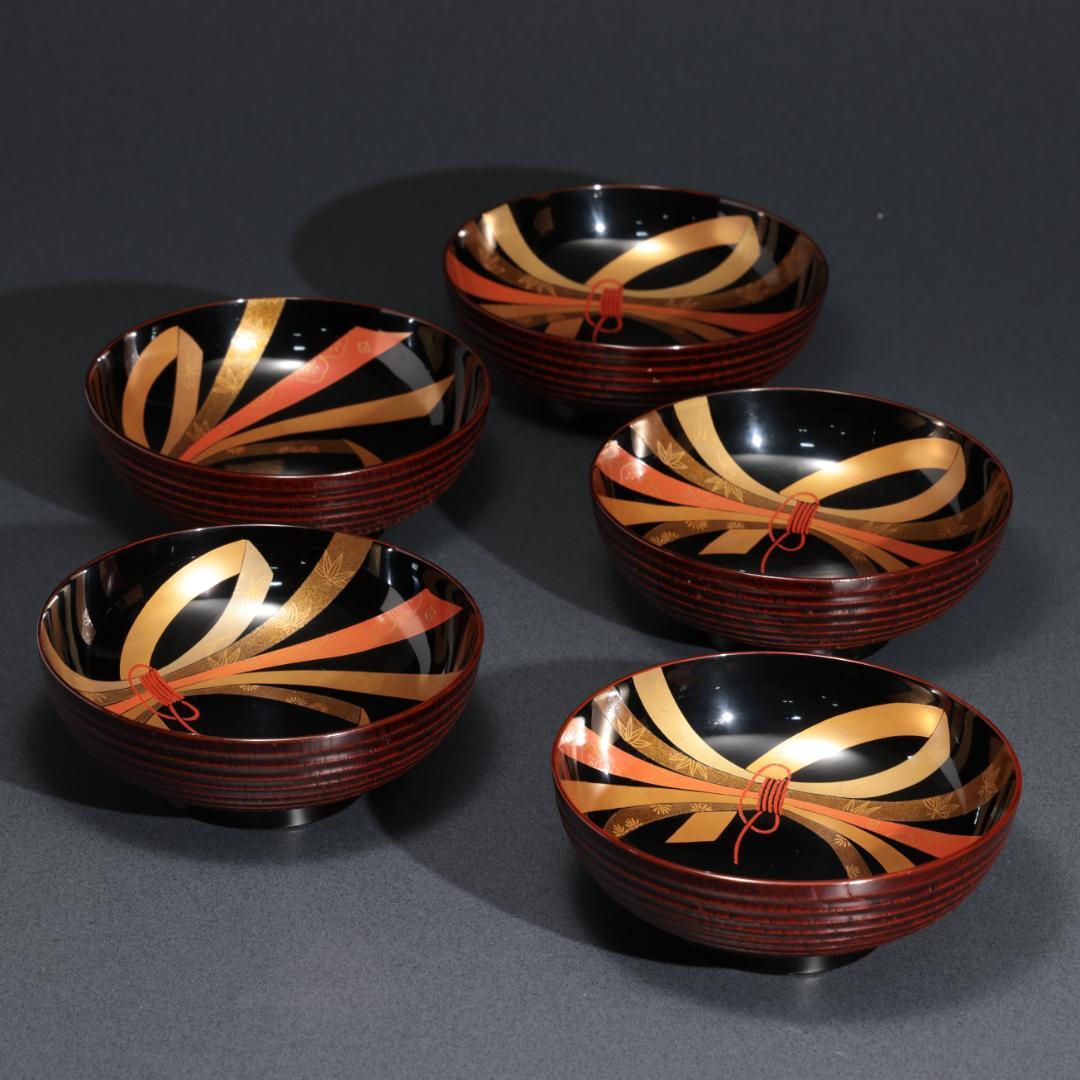 輪島塗 煮物椀 五客 のし蒔絵 共箱　漆塗 蓋付椀 口径14cm R1587ラ1