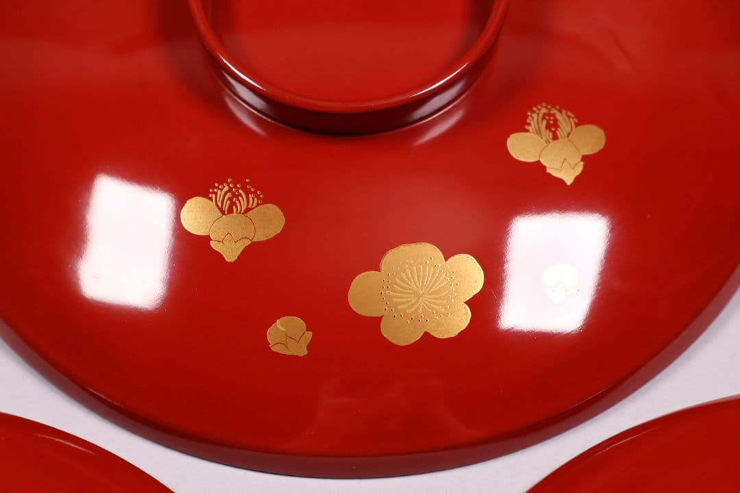 【CM230】木製漆器 若松と梅 金蒔絵 朱塗 引盃 五客 天然木 盃 杯 懐石