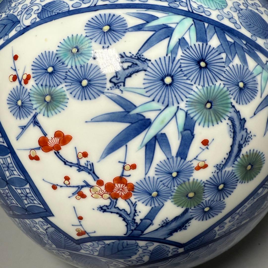 名工　市川忠山　作　色鍋島花瓶　桃　松竹梅　花草　七宝　青海波　鍋島藩　26cm