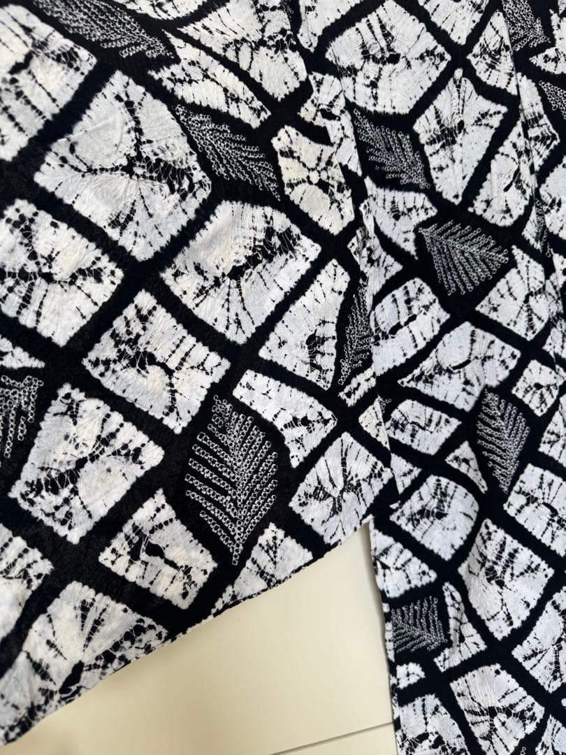 有松絞り 白黒 葉柄 浴衣 単品 着丈たっぷり高身長の方にも　トールサイズ
