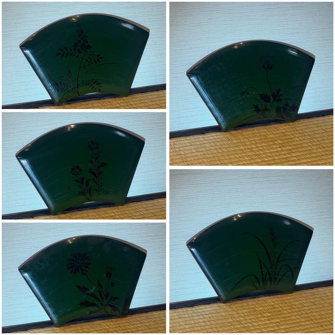 輪島塗 大崎 作 絵変草花蒔絵 青塗扇面形蓋物 10客「福扇」 / 大崎庄右衛門