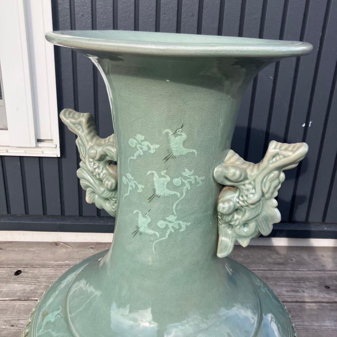 青山作 特大壺 高麗青磁 透かし 雲鶴紋 二層網目 花瓶 網目彫 緑色 双