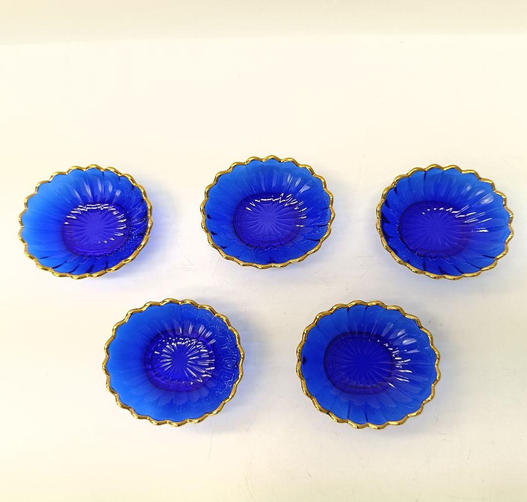 保管品】天金 菊小判 のぞき 洗鉢 ルリ 瑠璃ガラス 各5客 箱