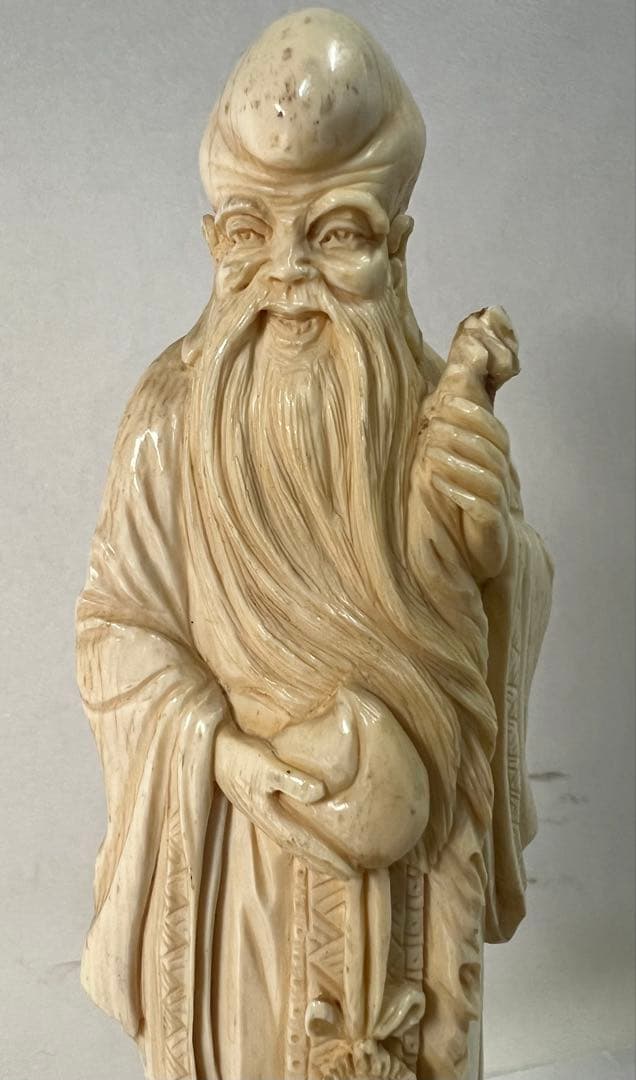 極上 置物 象牙調 寿老人 アンティーク 天然素材 彫刻 古美術品 細密