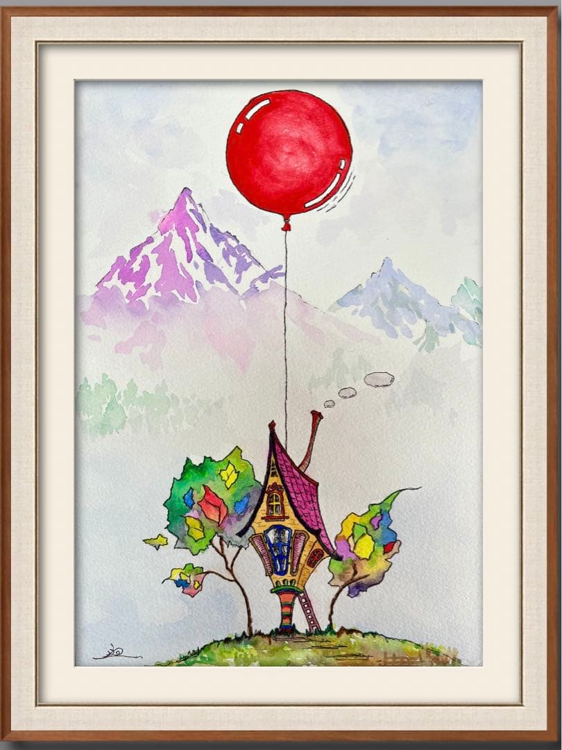 透明水彩画原画「雪原の朝焼け」額縁付F6サイズ風景画