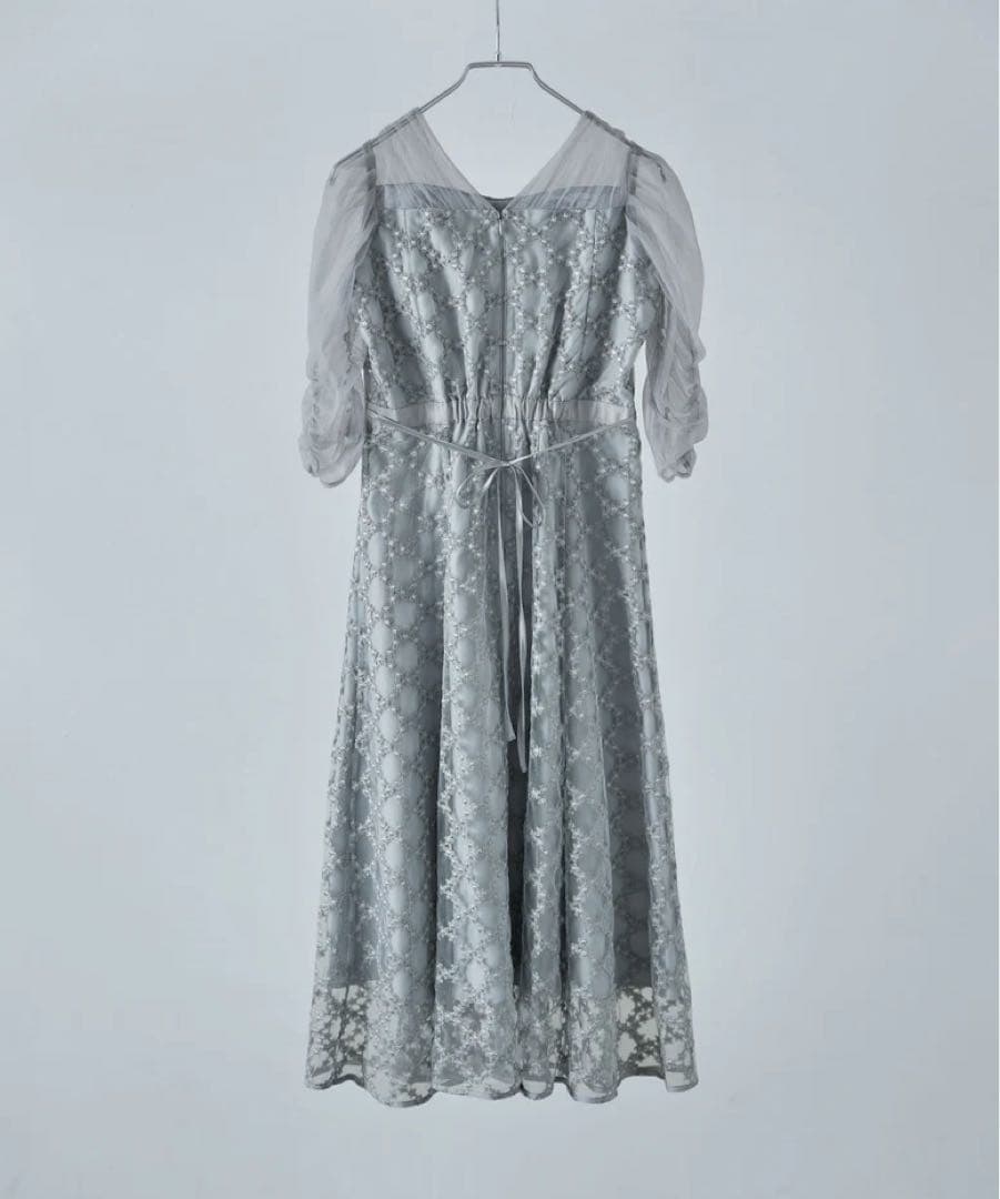 Floral diagonal check flare dress グレー