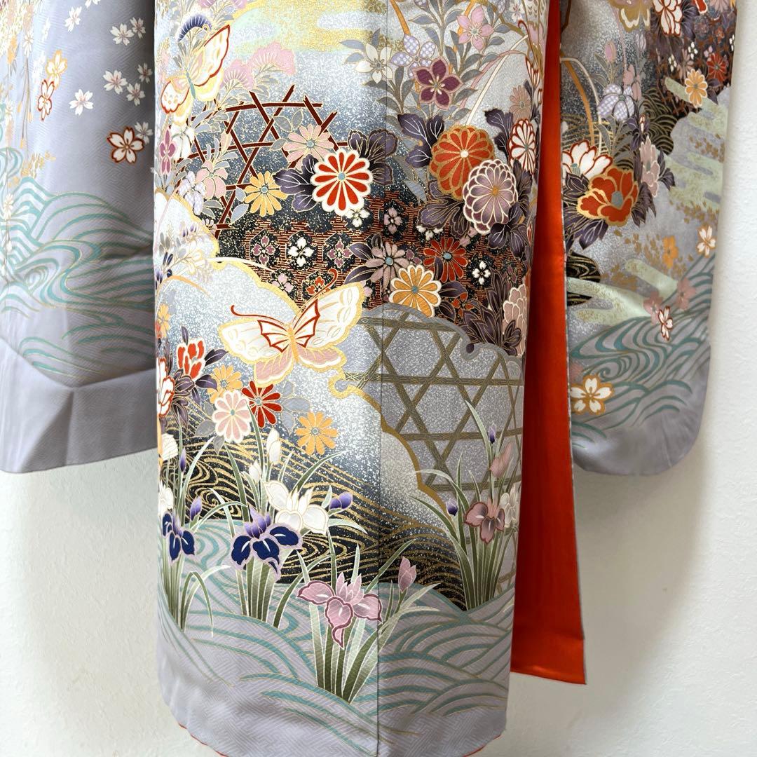 375 振袖フルセット 正絹 ブルーグレー 灰青 金彩 駒刺繍 三越 高級 上品