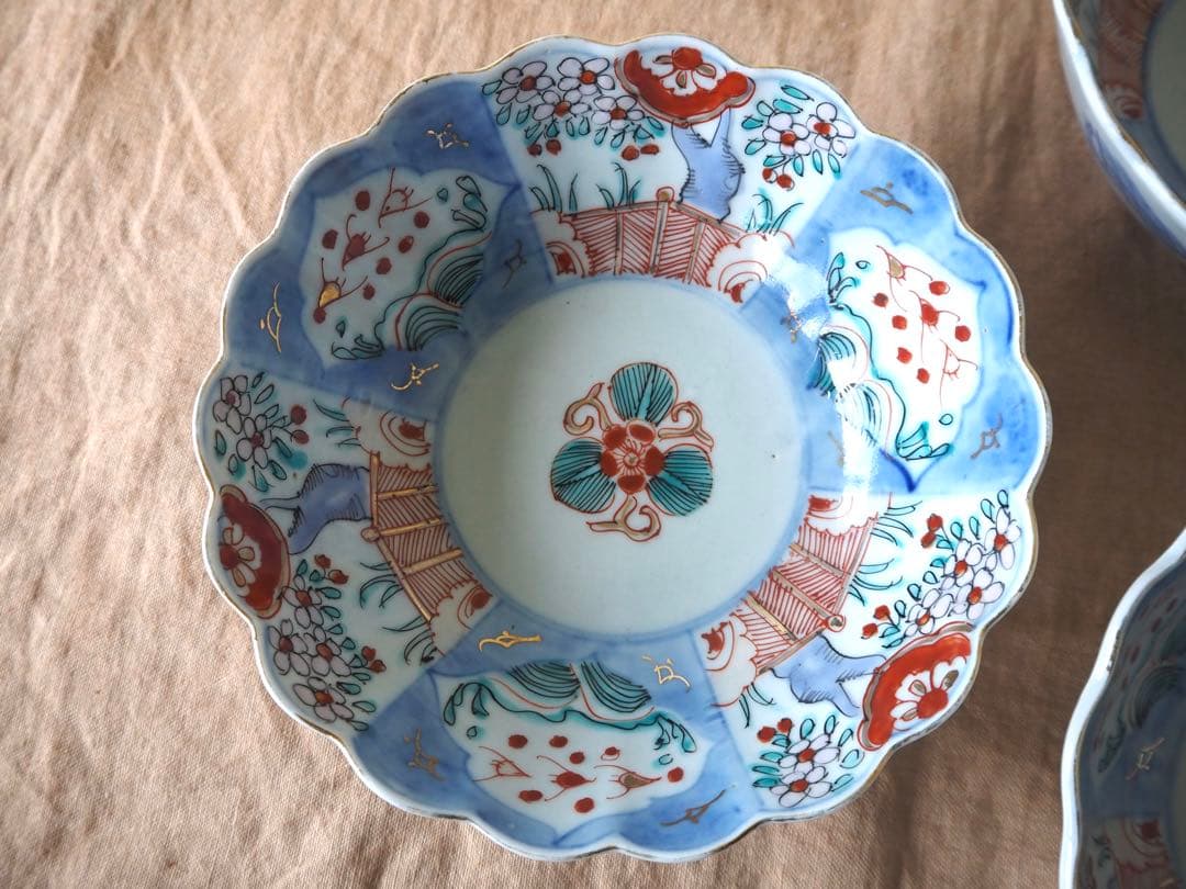 ぴんちゃん 時代伊万里 色絵印判金彩 3羽の鳥 花生垣文 大なます皿 3客