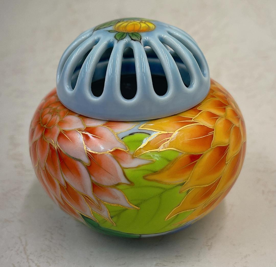 絶品！清水焼香炉★手描きオーダー発注品◆水色地×ダリア