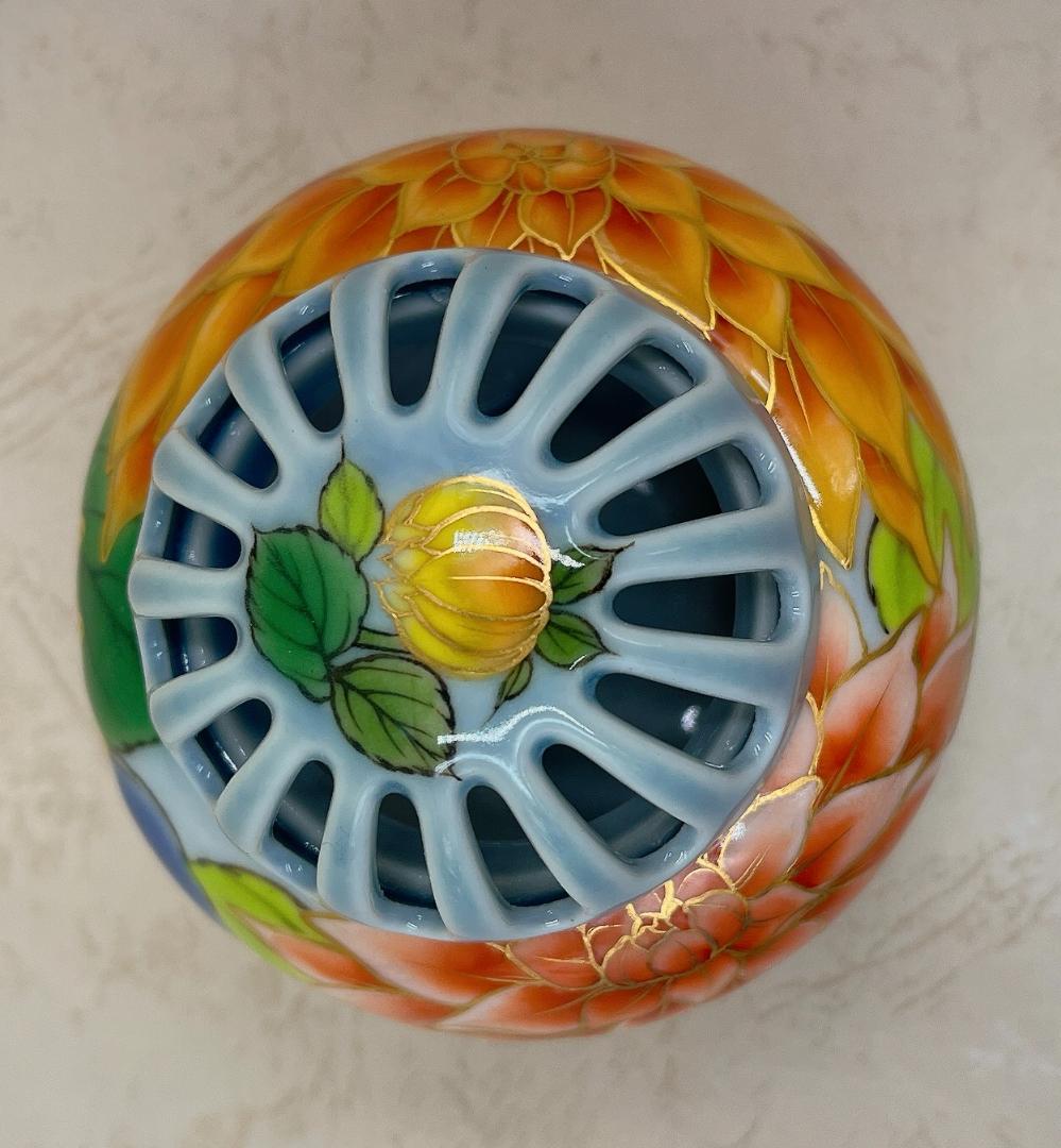 絶品！清水焼香炉☆手描きオーダー発注品◇水色地×ダリア