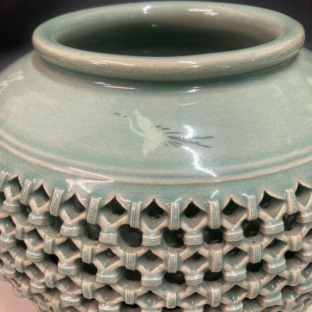 高麗青磁 透かし壺 秋岩 呉吉煥作 雲鶴の模様 高麗青磁 壺 花器 飾り壺