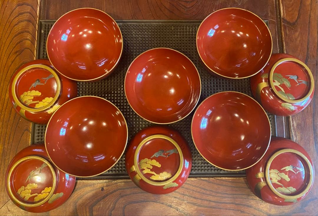 明治期 山中漆器 蒔絵鶴松 箱付5客 古和紙・和歌季語集付き