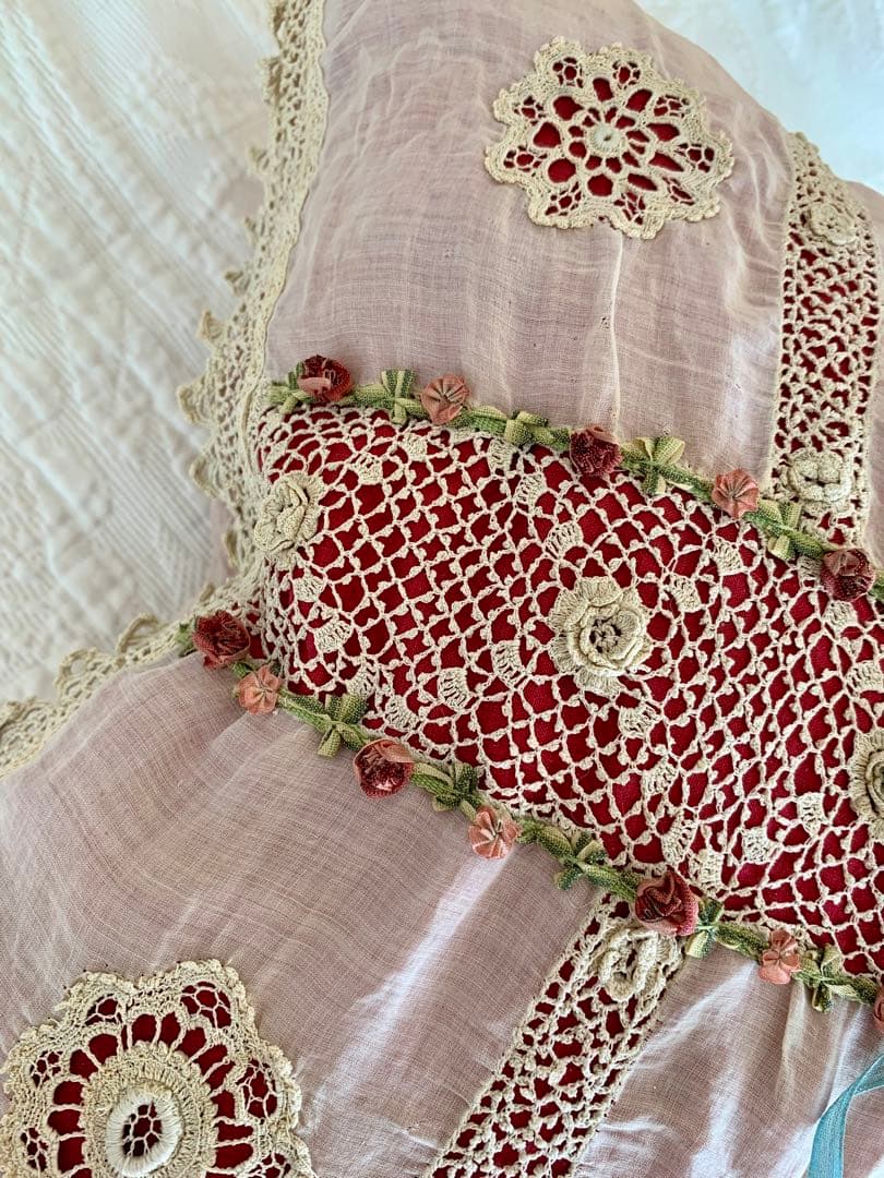 フランスアンティークコットンカバーxシルククッションロココリボン