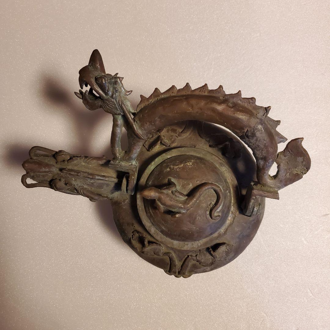 中国古玩 古銅製 双龍頭 香炉 希少品