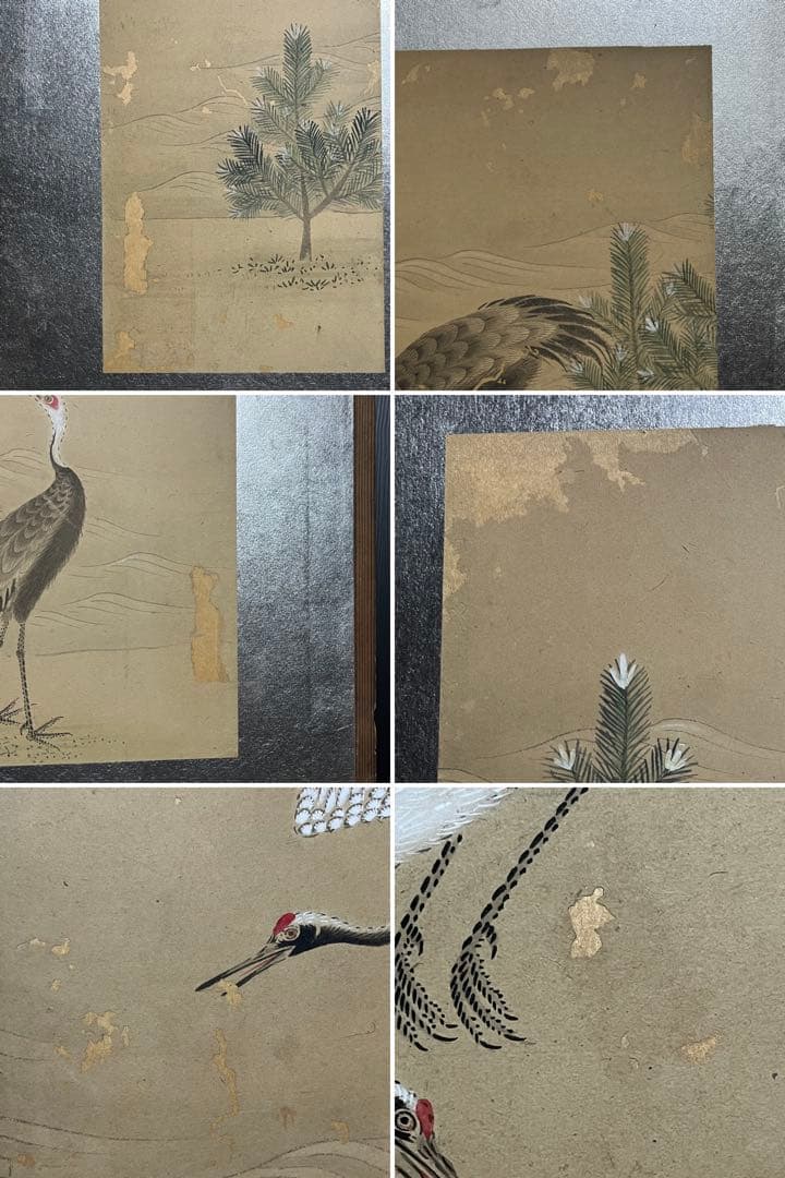 小型屏風/鶴と松/手描き屏風/6曲1双