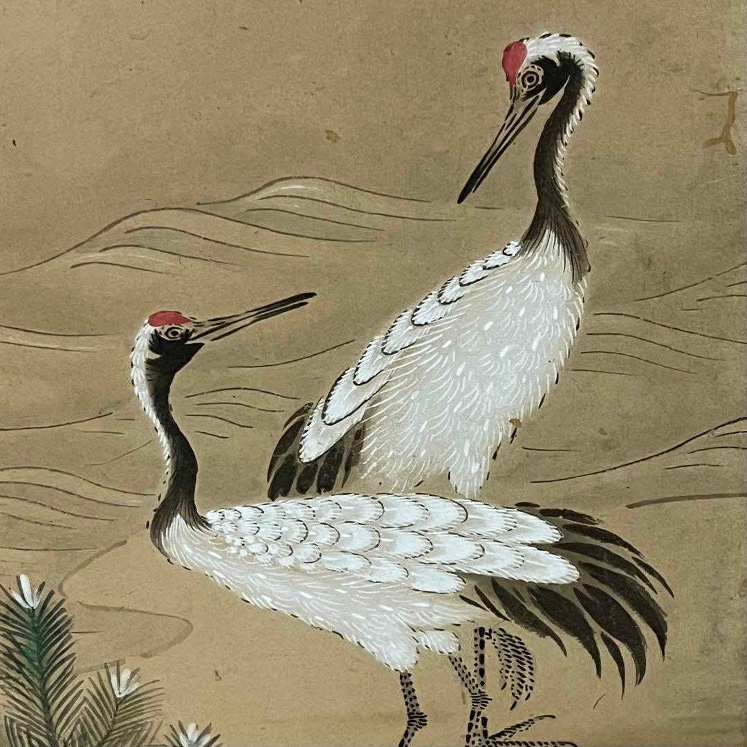 小型屏風/鶴と松/手描き屏風/6曲1双