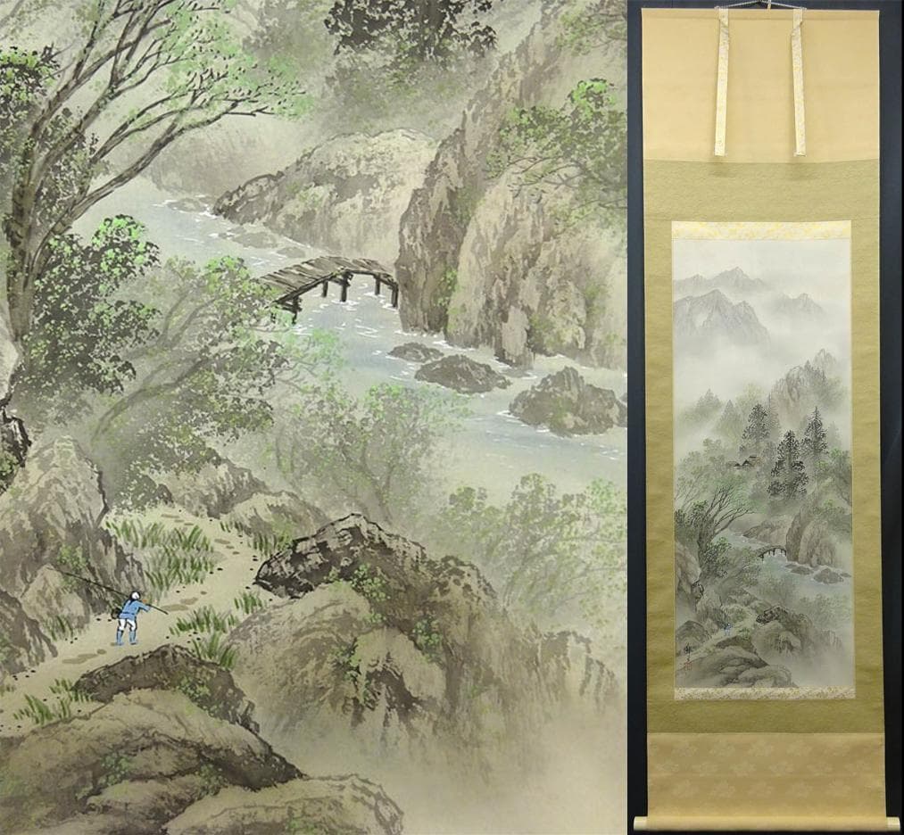 真作】掛軸 福田耕二『青緑山水図』絹本 肉筆 共箱付 掛け軸 p042605