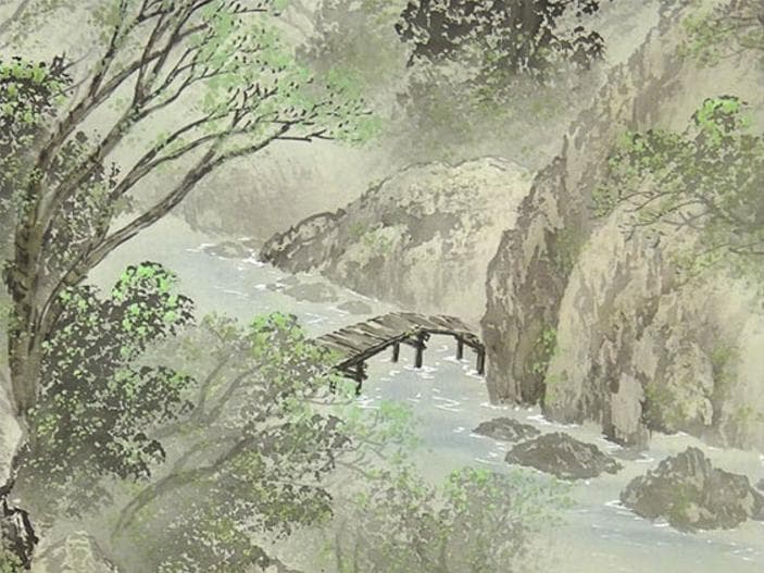 真作】掛軸 福田耕二『青緑山水図』絹本 肉筆 共箱付 掛け軸 p042605