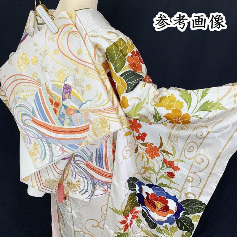 507z45☆中振袖 金駒刺繍 金彩 地紋 薔薇 唐草 ホワイト☆成人式 結婚