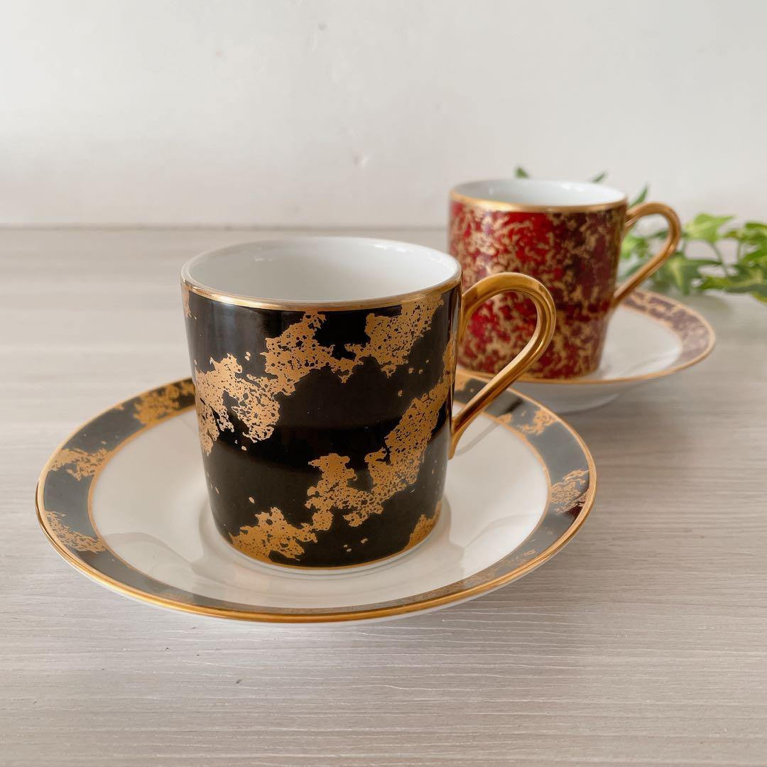 ノリタケ デミタス カップ＆ソーサー 大理石柄 レッド ブラック 2客 セット