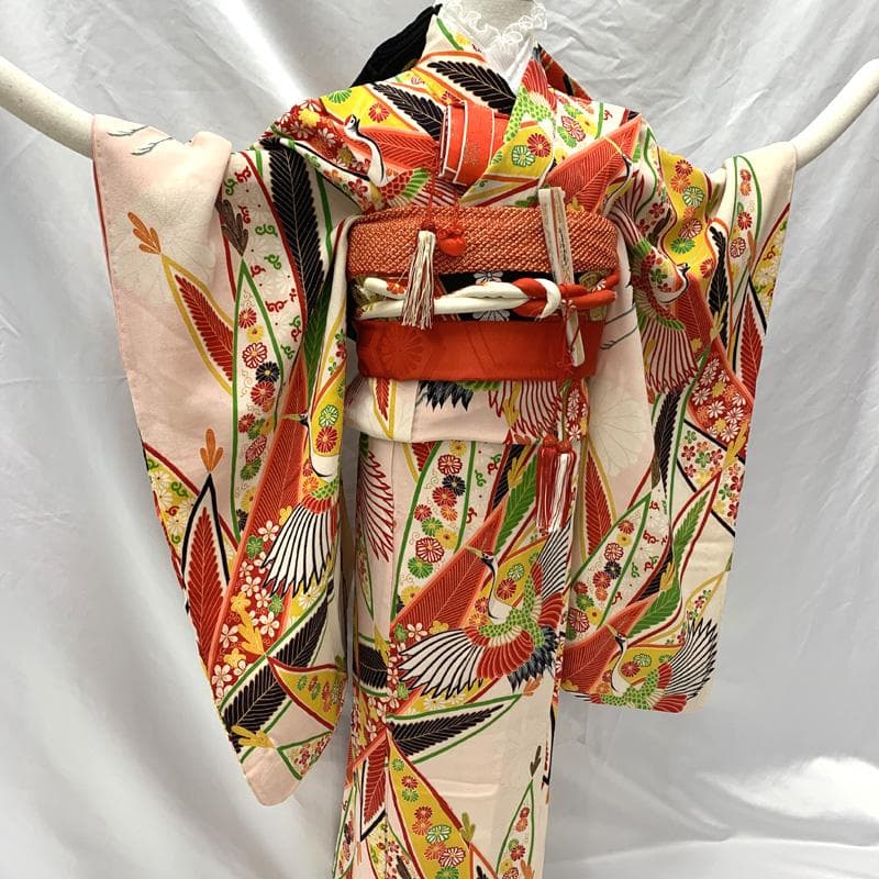 504ag87□七五三 セミアンティーク 七歳 女児 着物&袋帯 鶴□状態良好