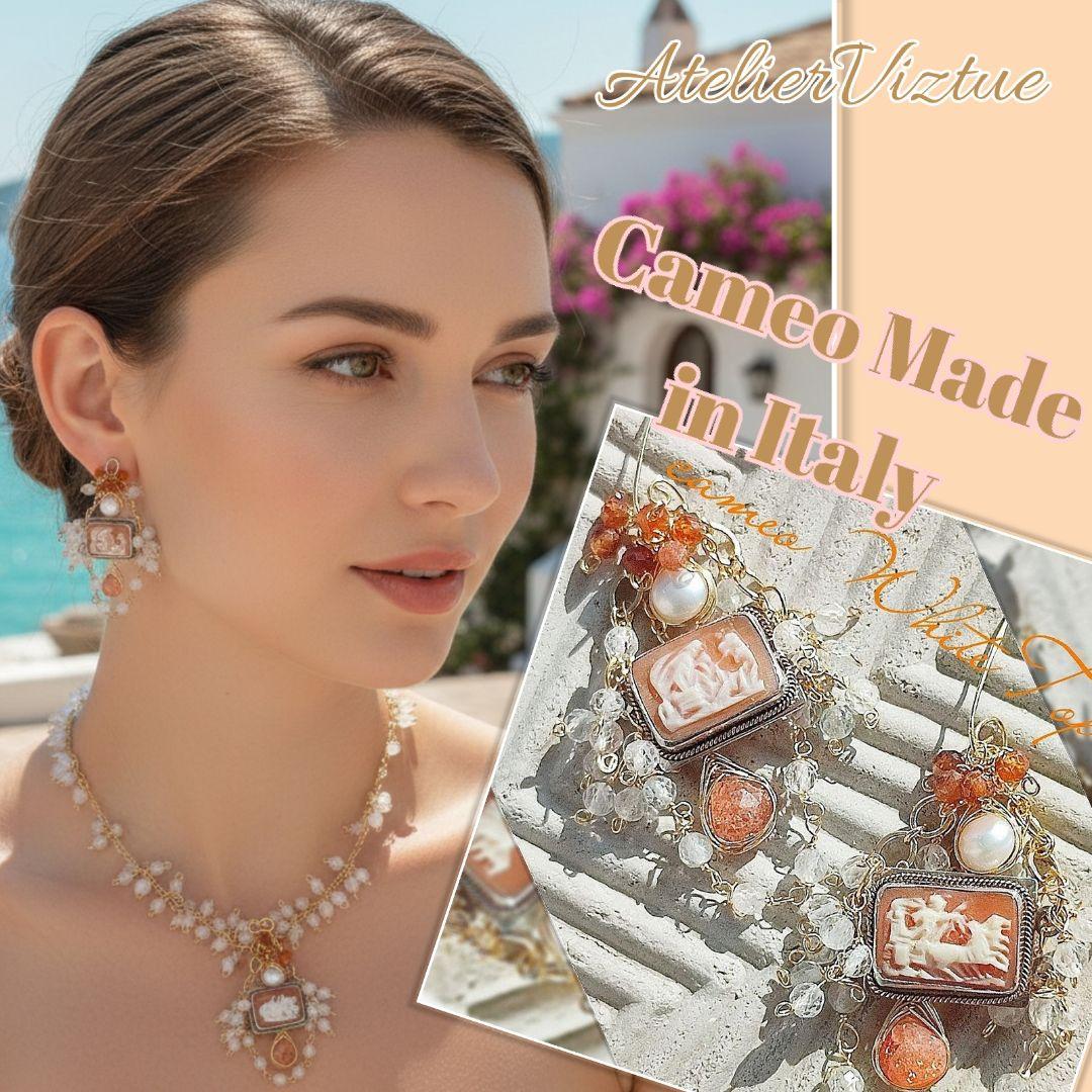 14kgf 『ホワイトトパーズ イタリア製カメオ サンストーンピアス