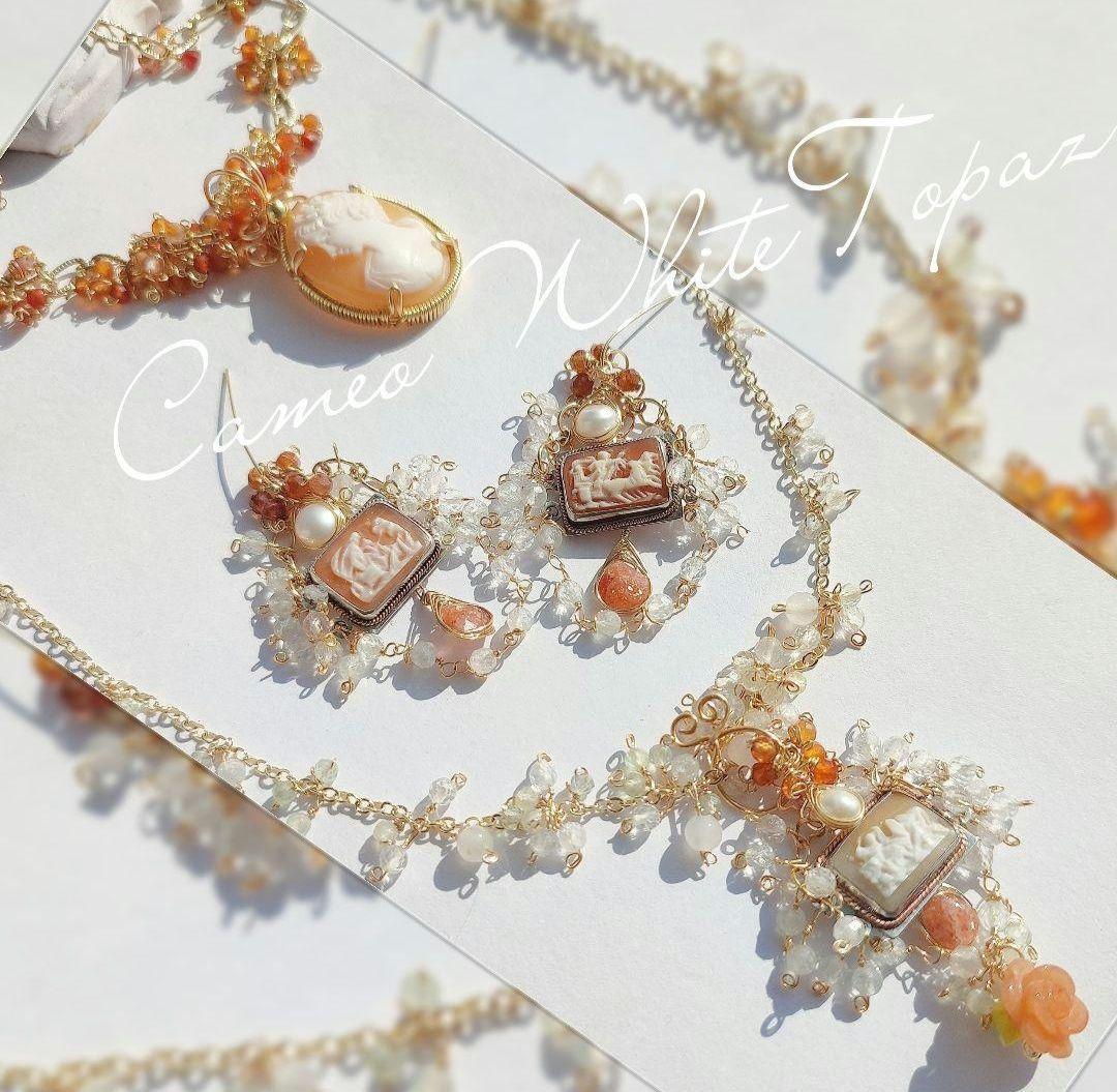 14kgf 『ホワイトトパーズ イタリア製カメオ サンストーンピアス