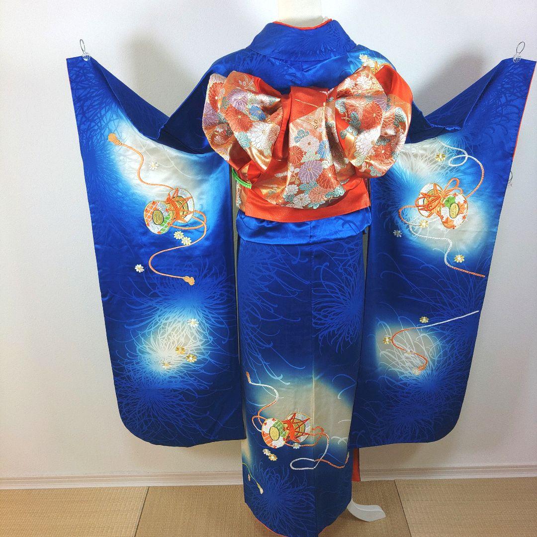 格安！ 振袖フルセット 9点 成人式 結婚式 前撮り 青 ブルー オレンジ 古典