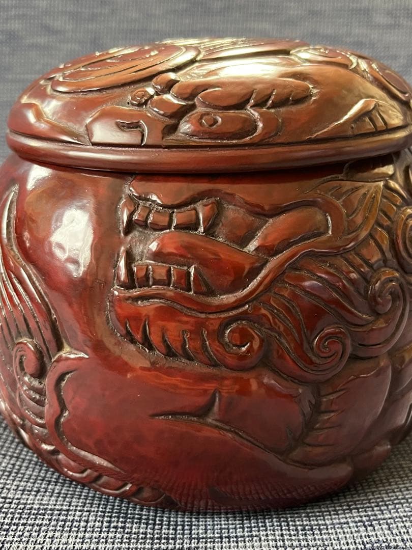 ハンドメイド　碁器　獅子牡丹　鎌倉彫　木星　漆塗り