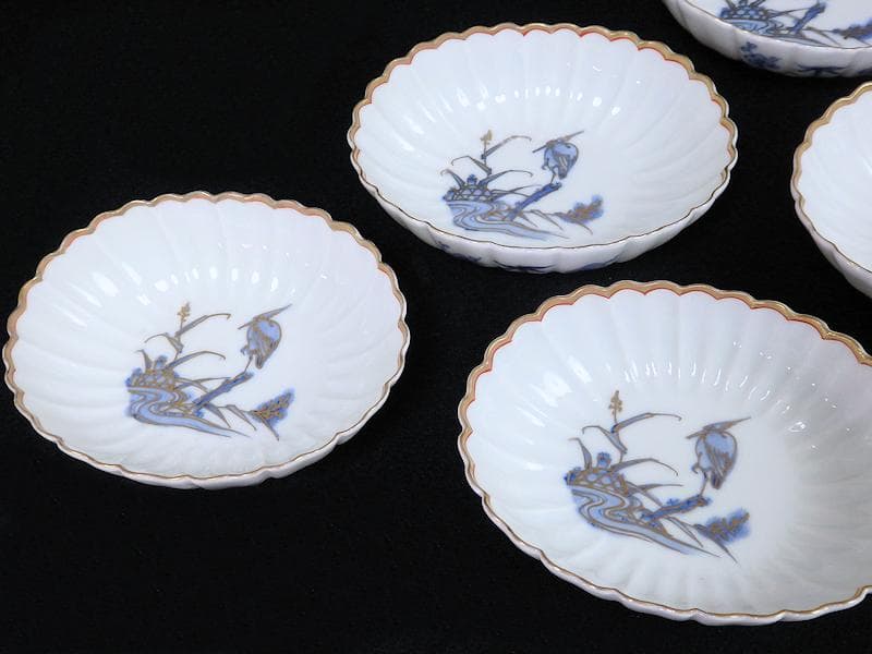 古伊万里　平戸　白磁　葦に鷺の図　輪花変形皿　５客　D950AS-BNx