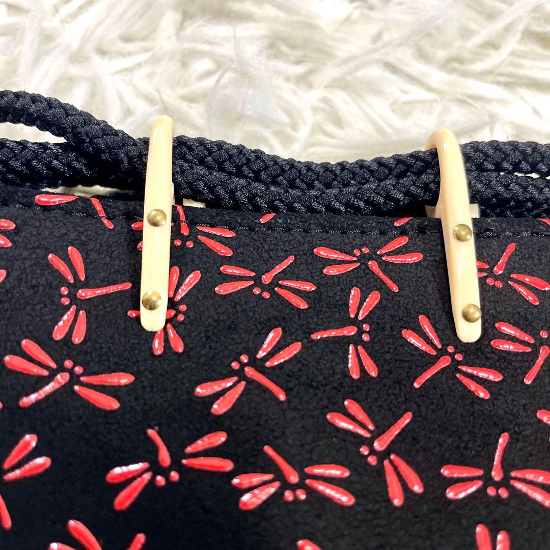 甲州印伝 印傳屋 合切袋 黒鹿革×赤漆 トンボ 巾着 袋 手提 革小物 上原勇七