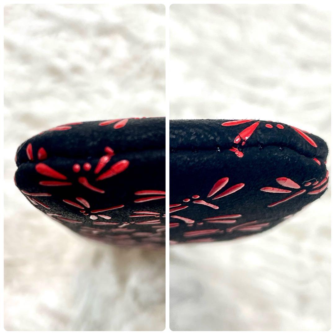 甲州印伝 印傳屋 合切袋 黒鹿革×赤漆 トンボ 巾着 袋 手提 革小物 上原勇七