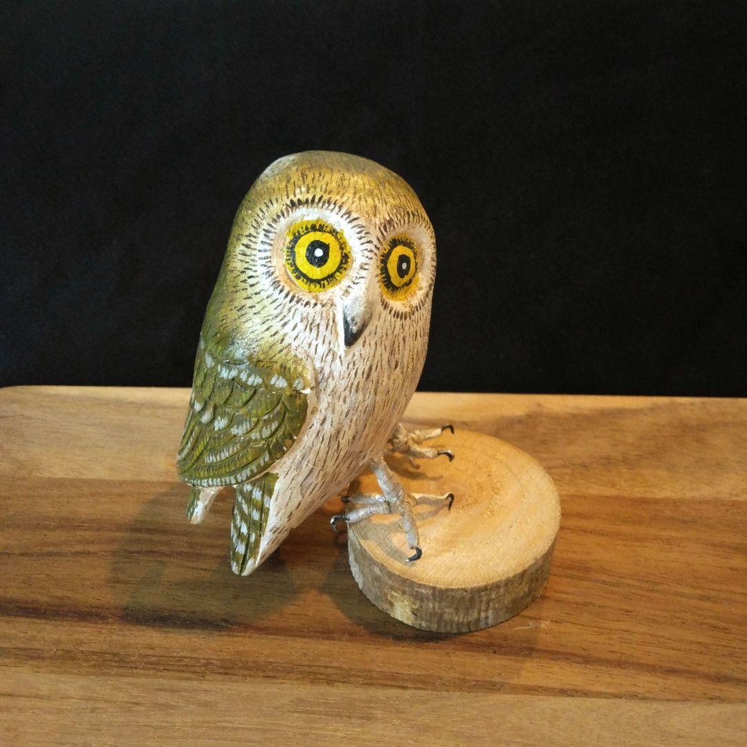 木製アナホリフクロウ野鳥彫刻バードカービング木彫りの野鳥