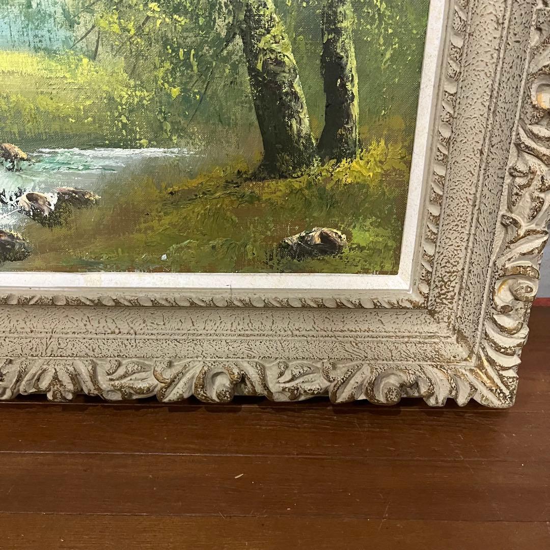 【アンティーク】額装 額縁 絵画 油彩画 風景画 小川 森林 銘有り オブジェ