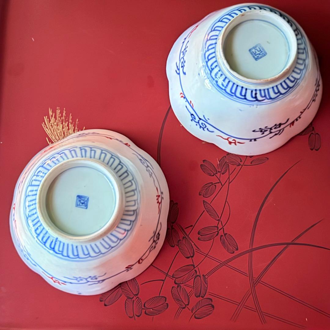 超限定価格‼️伊万里錦手向付おひたしにはこれ‼️桃手に鶴と竹六弁花在銘向付5客