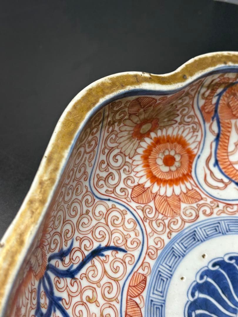 古伊万里 色絵 花唐草 龍 木瓜形 大皿 江戸期 希少品 陶器金彩 太明成