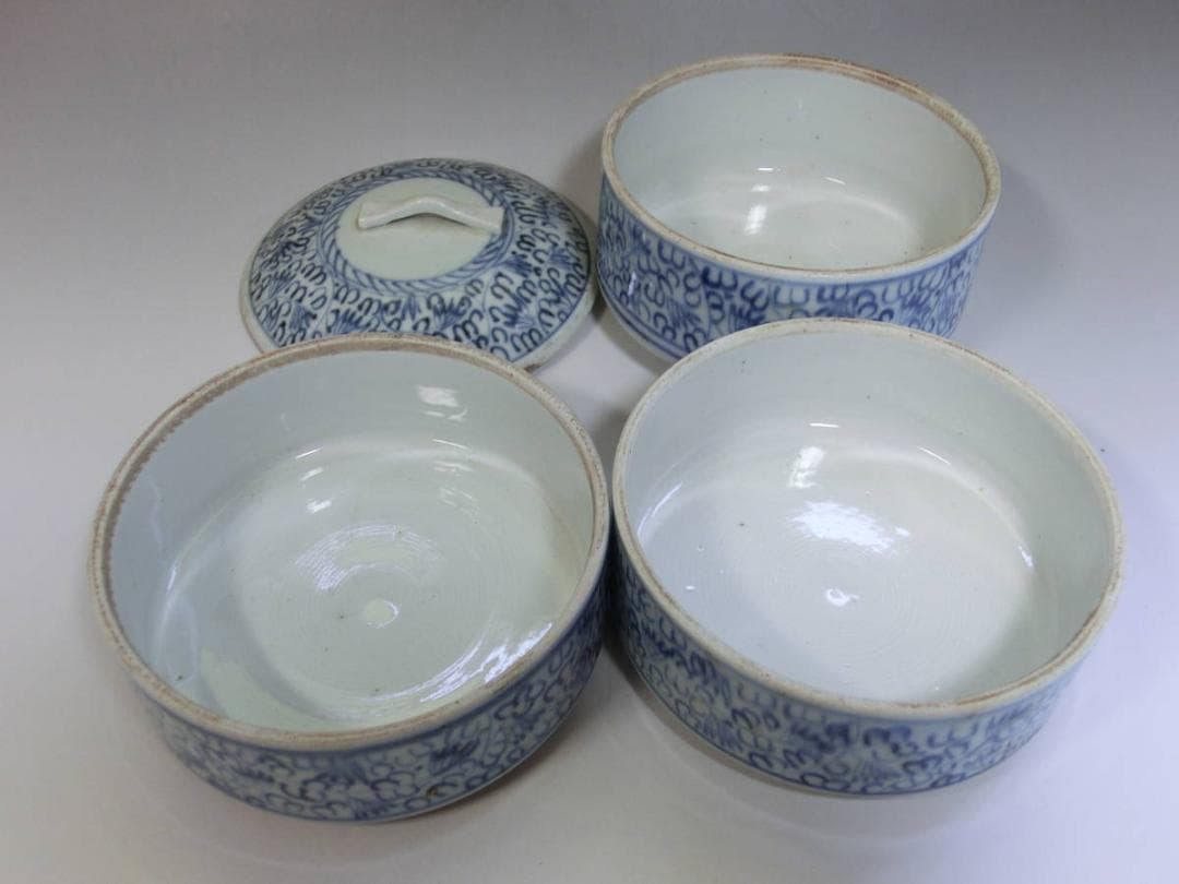 鉢■微塵唐草重鉢 蓋物 三段重鉢 古伊万里染付 菓子器 時代物 江戸期 骨董品■