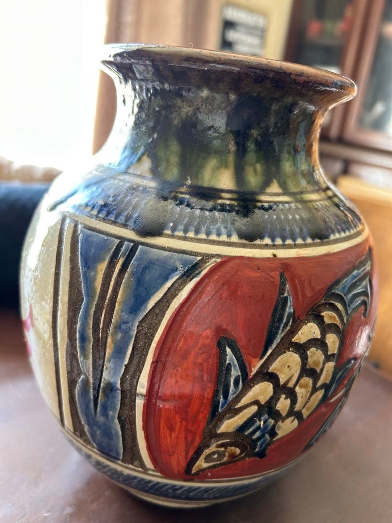 壺屋焼 小橋川清正氏 壺 赤絵 双魚 花瓶 ☆レア